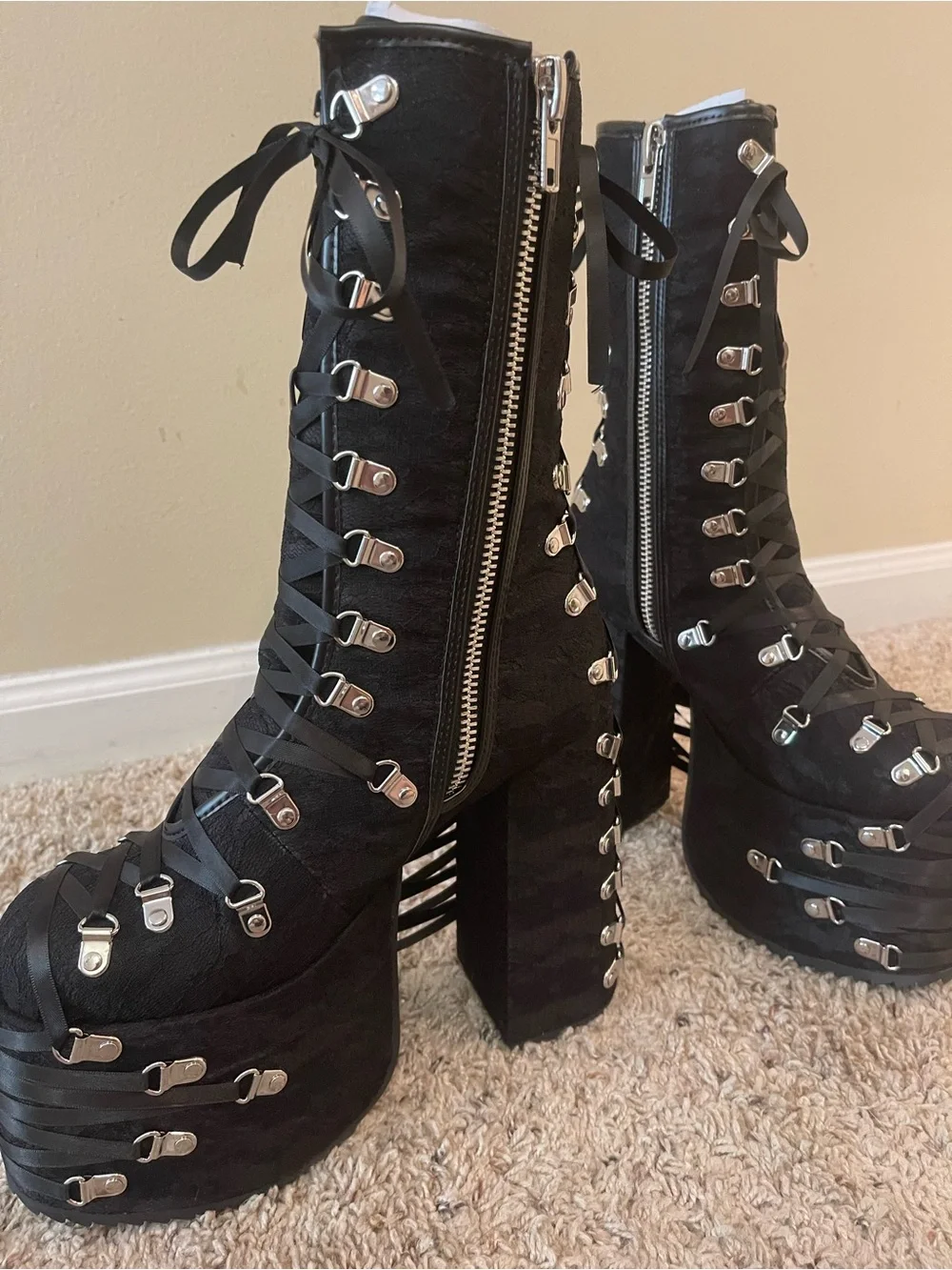 Women’s Black Lace-Up Platform Ankle Boots with Silver Hardware